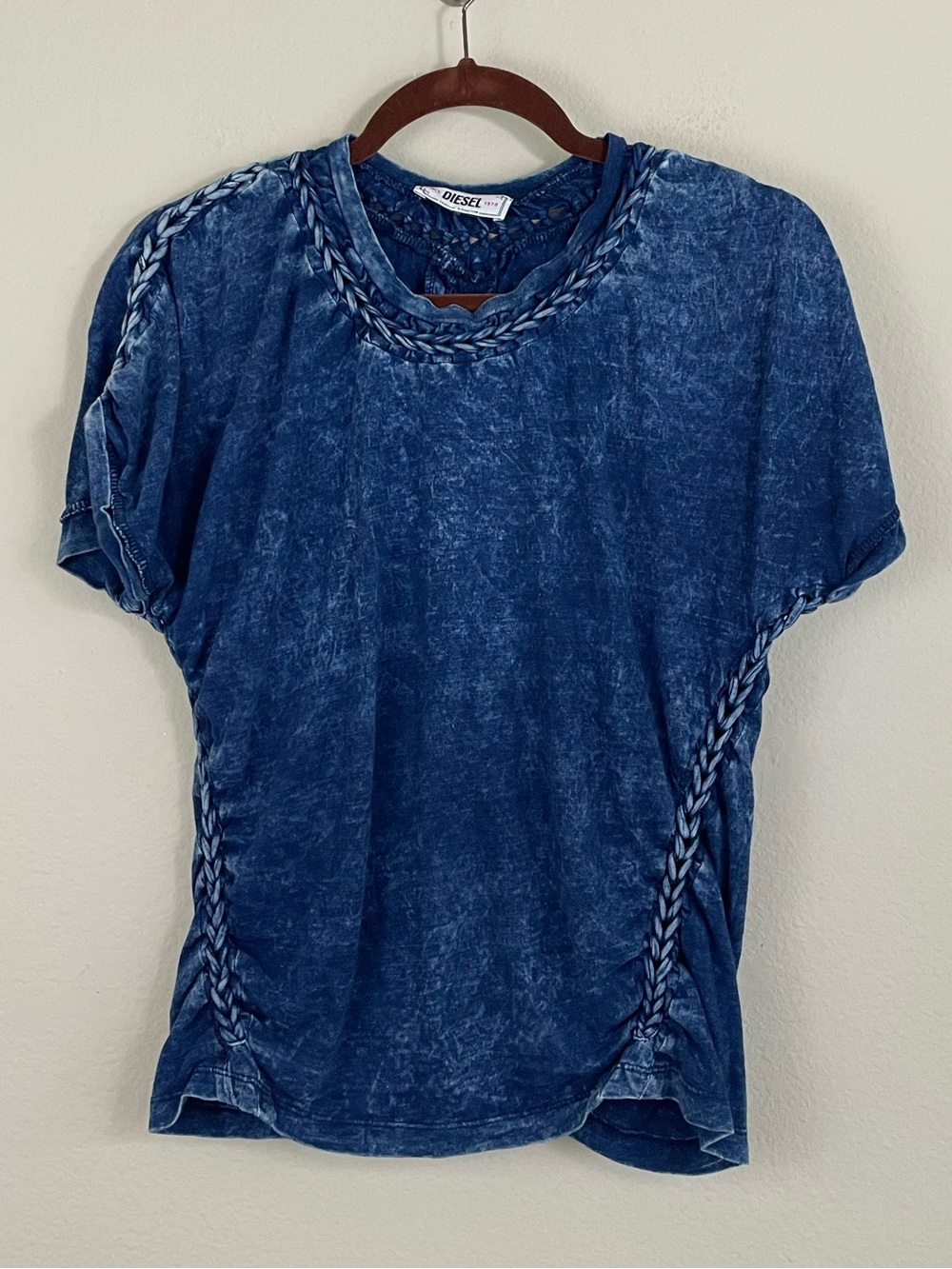 Diesel women’s Braided‎ Trim Indigo Denim Short Sleeve Cotton Tee Size Medium